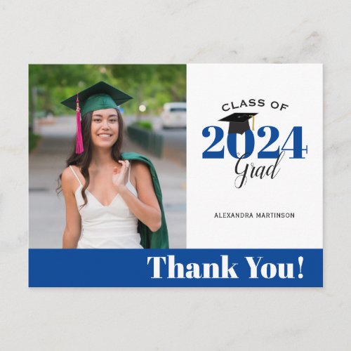 Modern Blue and White Photo Graduation Thank You Postcard