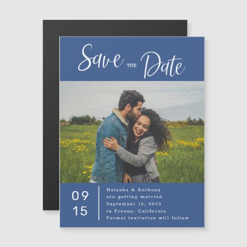 Modern Blue And White Photo Wedding Save The Date Magnetic Invitation