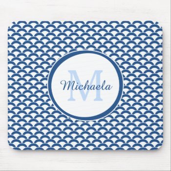 Modern Blue And White Scallops Monogram And Name Mouse Pad by ohsogirly at Zazzle