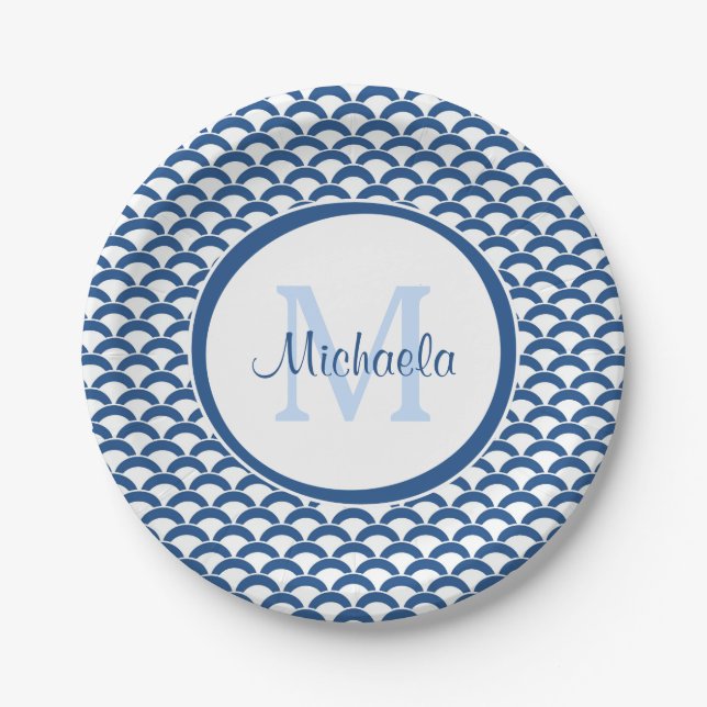 Modern Blue and White Scallops Monogram and Name Paper Plates (Front)