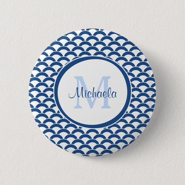 Modern Blue and White Scallops Monogram and Name Pinback Button (Front)