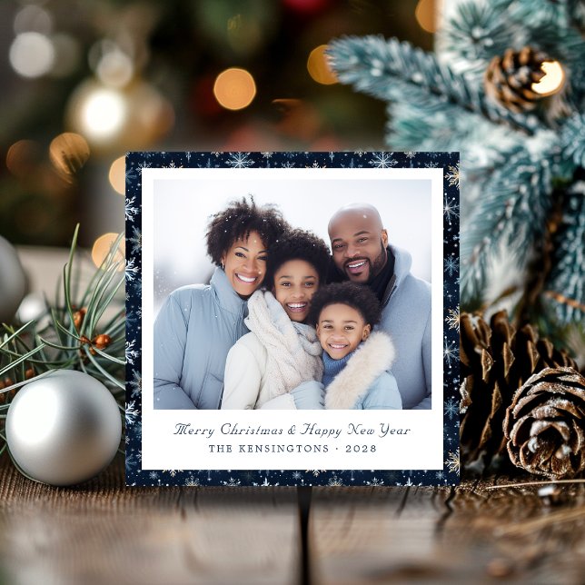 Modern Blue and White Snowflakes Holiday Photo Card (Modern Blue and White Snowflakes Holiday Photo Cards)