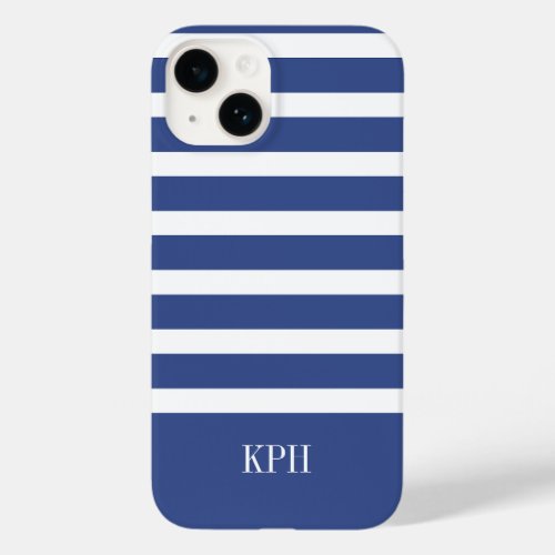 Modern Blue and White Stripe with Monogram  Case_Mate iPhone 14 Case