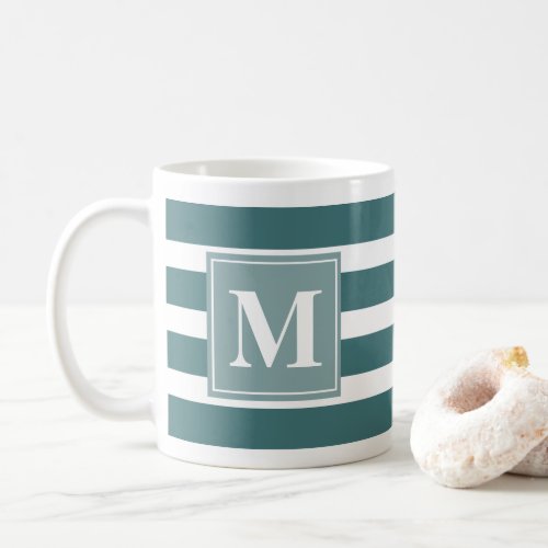 Modern Blue and White Stripe with Monogram Coffee Mug