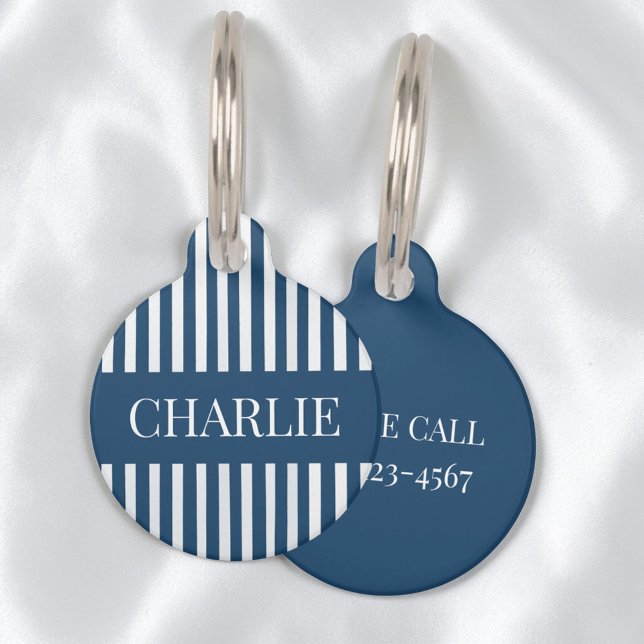 Modern Blue and White Stripes Personalized Name Pet ID Tag (Modern Blue and White Stripes Personalized Name Pet ID Tag)