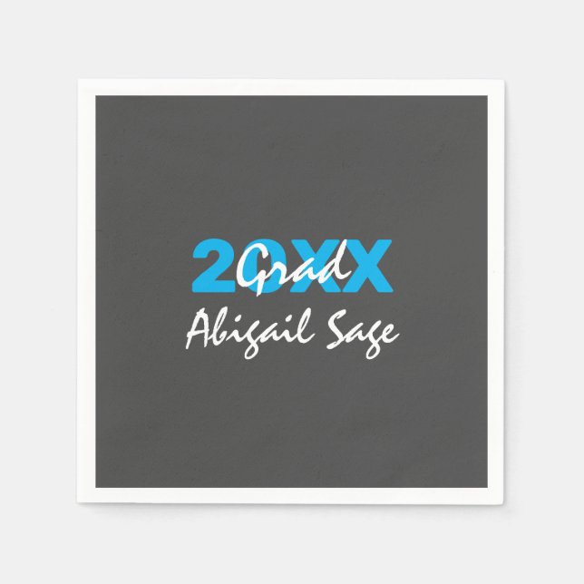 Modern Blue and White Text on Grey Graduation Napkins (Front)
