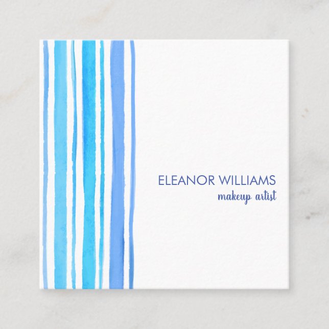 Modern Blue and White Watercolour Stripes square Square Business Card (Front)