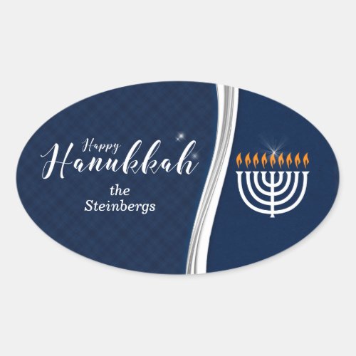 Modern Blue and White with Name for Hanukkah Oval Sticker