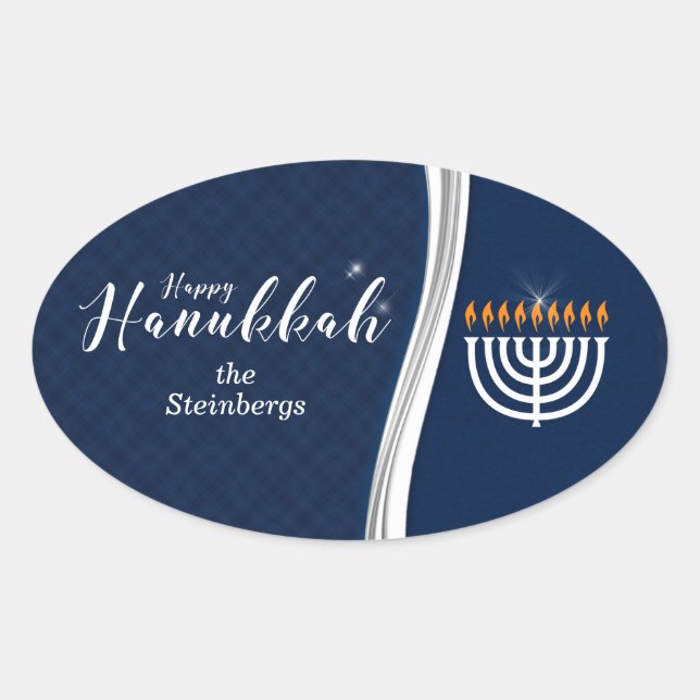 Modern Blue and White with Name for Hanukkah Oval Sticker (Front)