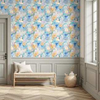 Modern Blue and Yellow Botanical Floral Pattern Wallpaper