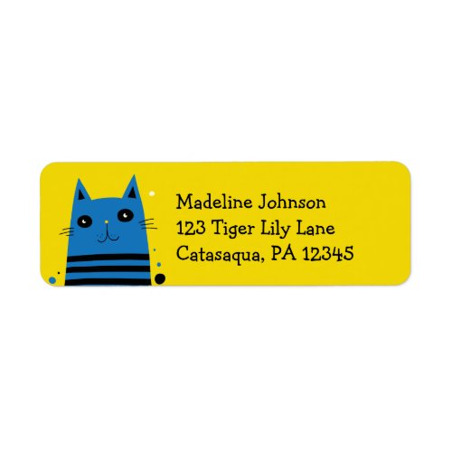 Modern Blue and Yellow Cartoon Cat Return Address Label