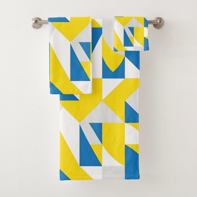 Modern Blue and Yellow Geometric Bold Cubist Art Bath Towel Set (Insitu)
