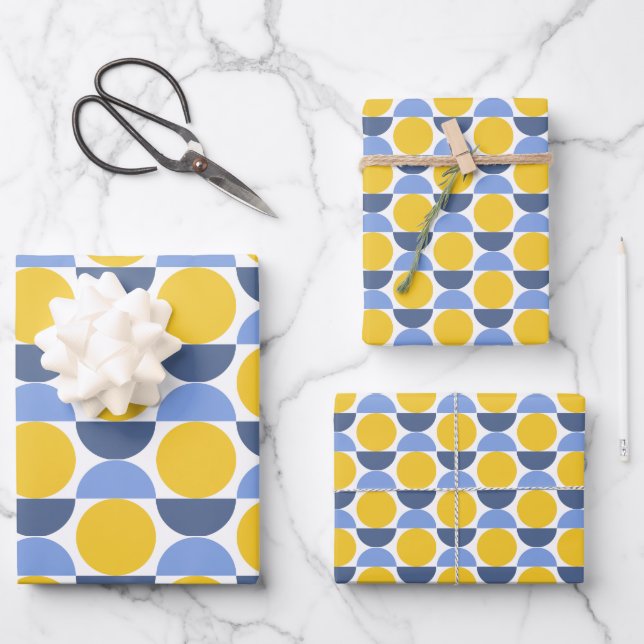 Modern Blue and Yellow Geometric Shapes Wrapping Paper Sheets (Front)