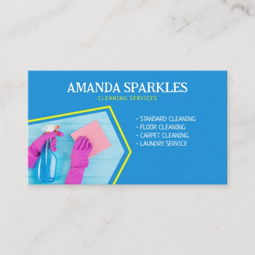 Modern Blue and Yellow Gloves House Cleaning Business Card