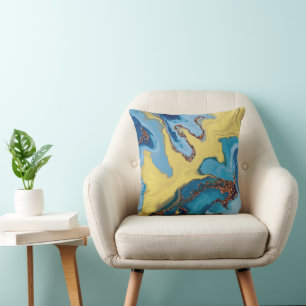 Modern blue and yellow gold glitter abstract   throw pillow