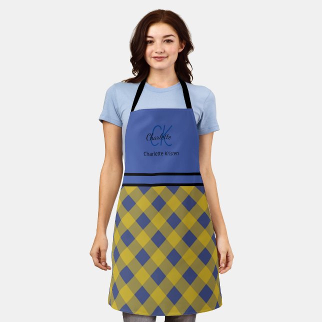 Modern Blue and Yellow Plaid Monogram Name Apron (Worn)