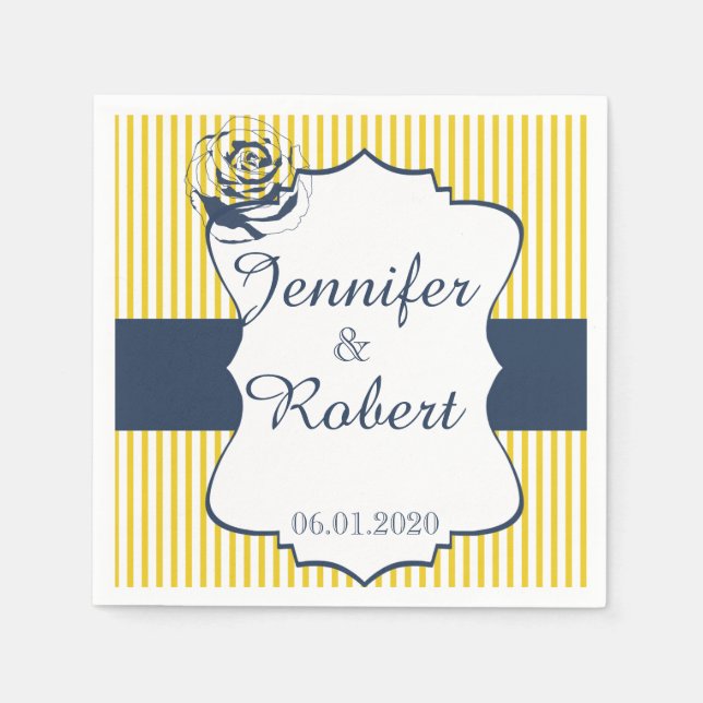 Modern Blue and Yellow Stripe Wedding Napkin (Front)