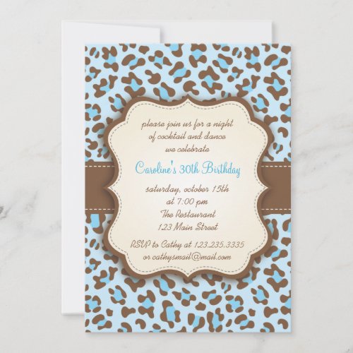 Modern Blue Animal Print Girly Birthday Party Invitation