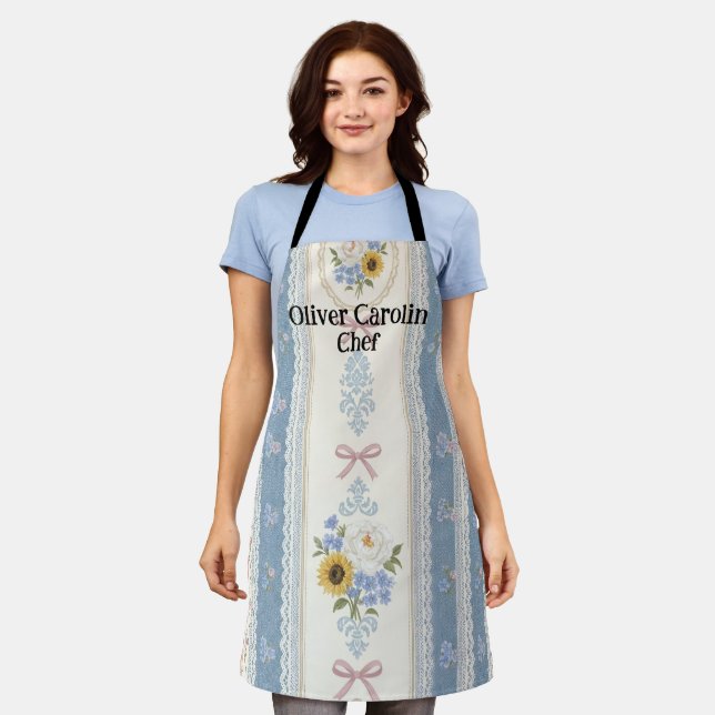 Modern Blue Apron with Custom Text Personalized (Worn)