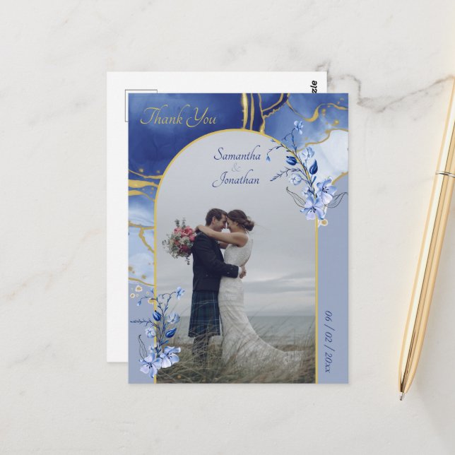 Modern Blue Aqua Marble Wedding Thank You Postcard (Front/Back In Situ)