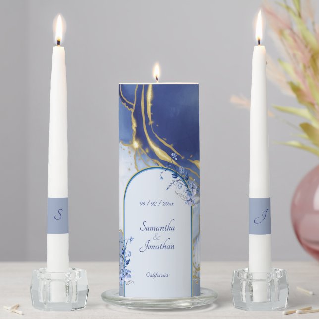 Modern Blue Aqua Marble Wedding Unity Candle Set (In Situ)