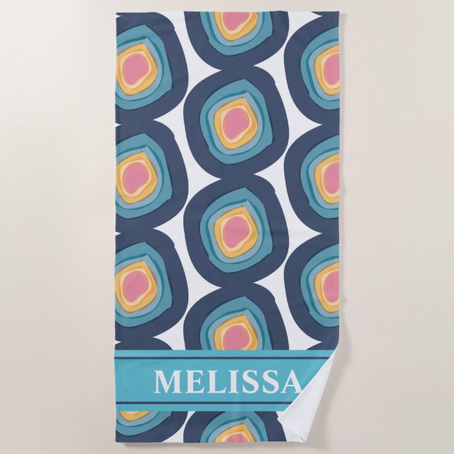 Modern Blue Aqua Pink Circles Personalized Beach Towel (Front)