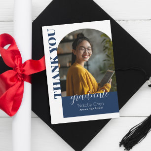 Modern Blue Arch Photo Graduate Thank You Card
