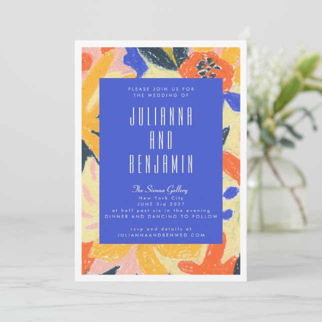 Modern Blue Artsy Abstract Botanical Wedding Invitation (Standing Front)