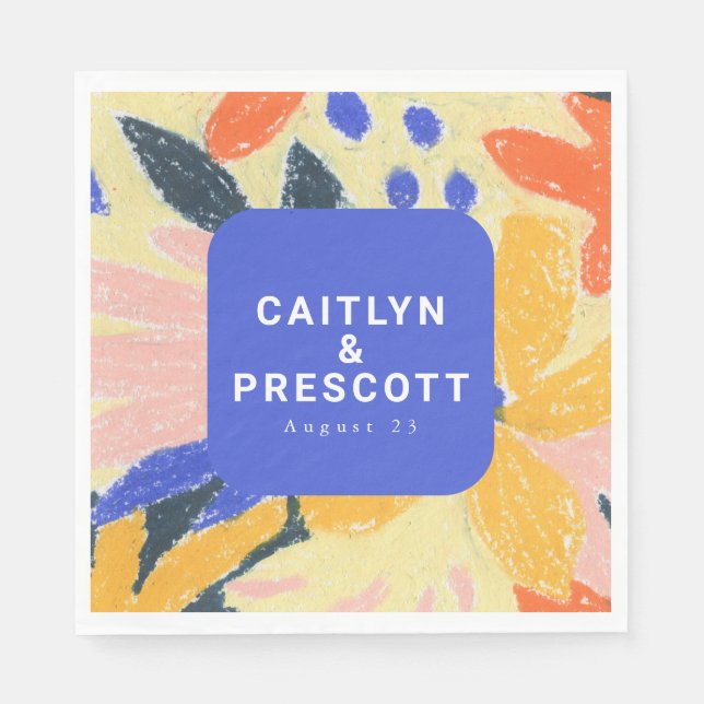 Modern Blue Artsy Abstract Botanical Wedding Napkins (Front)