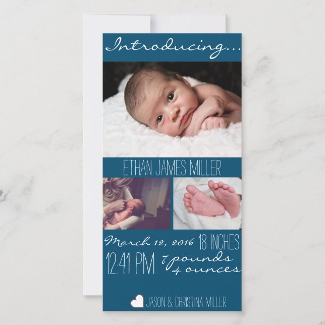 Modern Blue Baby Birth Announcement Photo Card (Front)