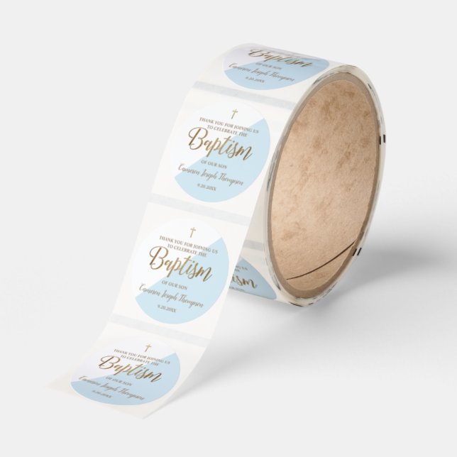 Modern Blue Baby boy baptism Custom thank you  Classic Round Sticker (Roll)