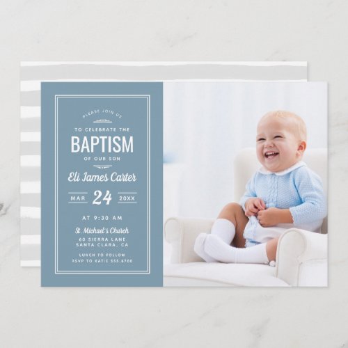 Modern Blue Baby Boy Photo Baptism Invitation