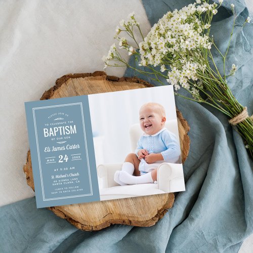 Modern Blue Baby Boy Photo Baptism Invitation