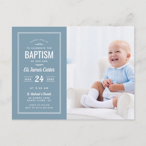 Modern Blue Baby Boy Photo Baptism Postcard