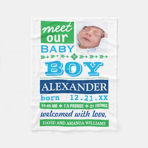 Modern Blue Baby Boy Photo Birth Announcement Fleece Blanket