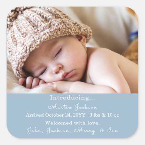 Modern Blue Baby Boy Photo Birth Announcement  Square Sticker