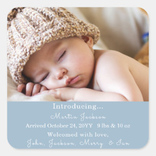 Modern Blue Baby Boy Photo Birth Announcement  Square Sticker