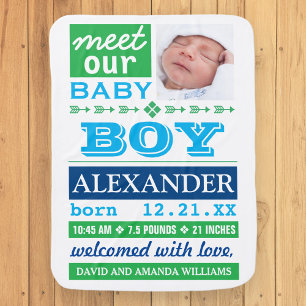 Modern Blue Baby Boy Photo Birth Announcement Stroller Blanket