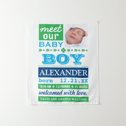 Modern Blue Baby Boy Photo Birth Announcement Tapestry