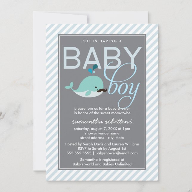 Modern Blue Baby Shower Boy Little Whale Mustache Invitation (Front)