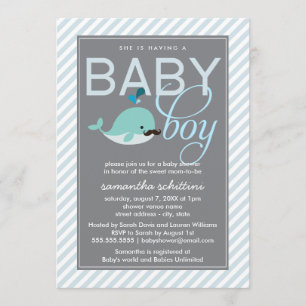 Modern Blue Baby Shower Boy Little Whale Mustache Invitation