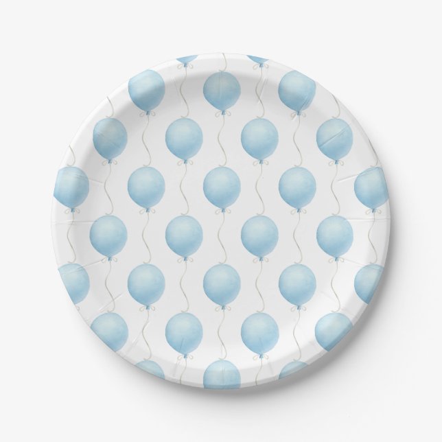 Modern Blue Balloon Boy Baby Shower Paper Plates (Front)