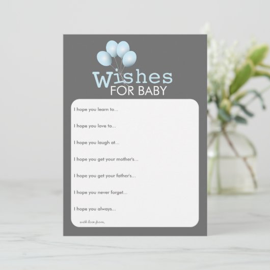Modern Blue Balloon Boy Baby Shower Wishes Card (Standing Front)