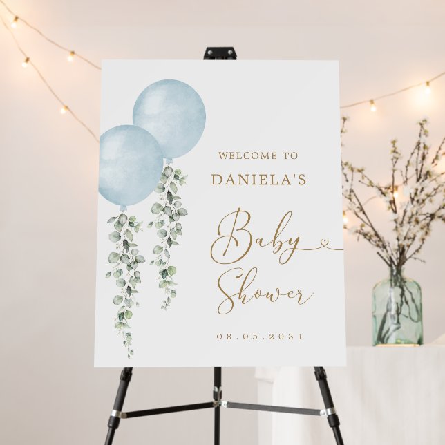 Modern Blue Balloon Eucalyptus Twin Boys Welcome Foam Board (In Situ (Stand))