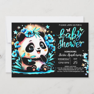 Modern Blue Bamboo Panda Boy Baby Shower Invitation