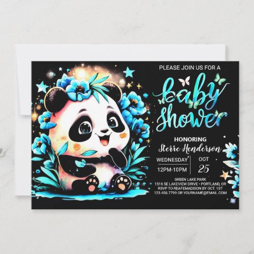 Modern Blue Bamboo Panda Boy Baby Shower Invitation