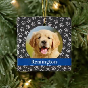 Modern Blue Banner Dog Photo Square Keepsake Ceramic Ornament