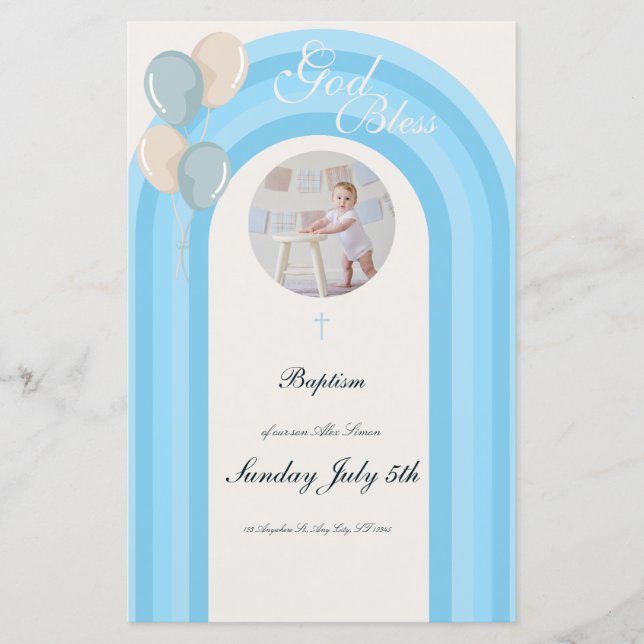Modern Blue Baptism Invitation with Custom Menu (Front)