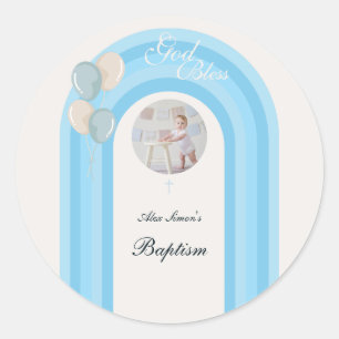Modern Blue Baptism with Custom Photo Classic Round Sticker
