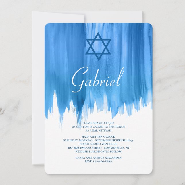 Modern Blue Bar Mitzvah Invitations (Front)